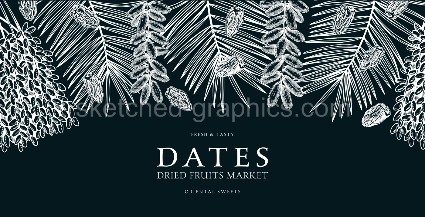 Hand drawn border design with date palm leaves and ripe fruit illustrations. Healthy food ingredients sketches isolated on chalkboard. Oriental sweets vector background. Vintage dried dates background Illustration